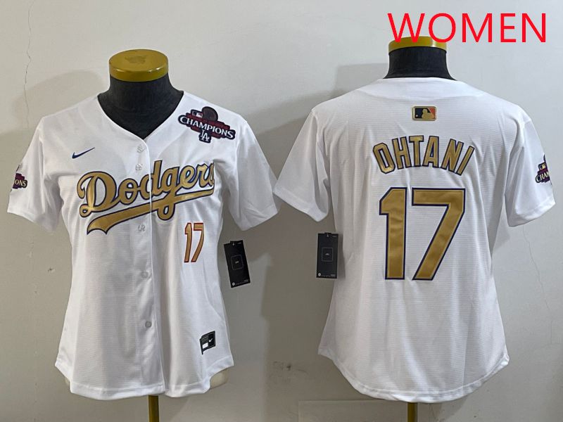 Women Los Angeles Dodgers #17 Ohtani White Champion gold character 2025 Nike MLB Jersey style 4->women mlb jersey->Women Jersey